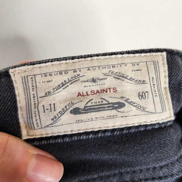 All Saints Washed Black Low Rise Leather Patch Raw Hem Jeans 25 - Picture 6 of 7